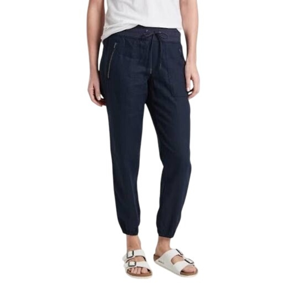 Athleta Women 4 Tall Cabo Linen Jogger Taper Pant Navy Blue Summer Casual 530642